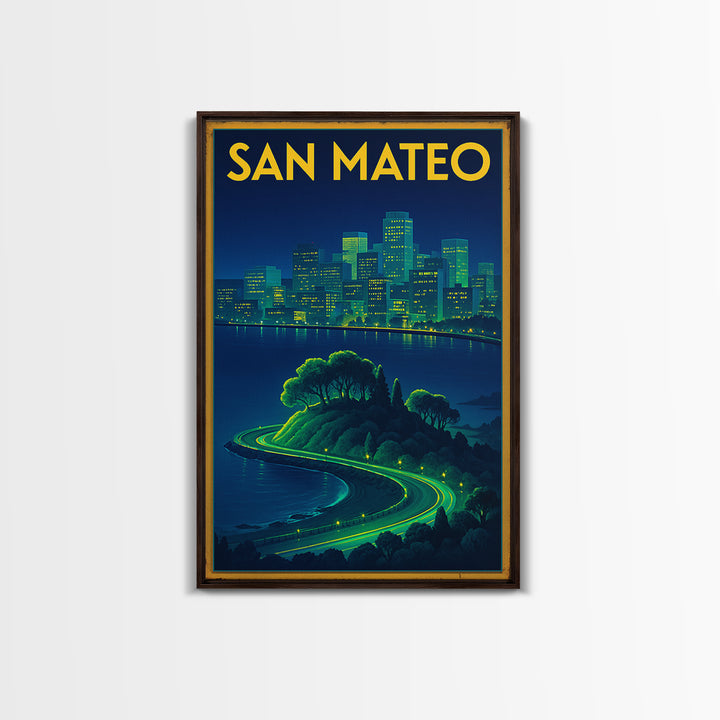 San Mateo Travel Poster, Framed Canvas Print, Electric Night Poster Art, San Mateo Wall Art, Vintage Travel Print, Vintage City Art