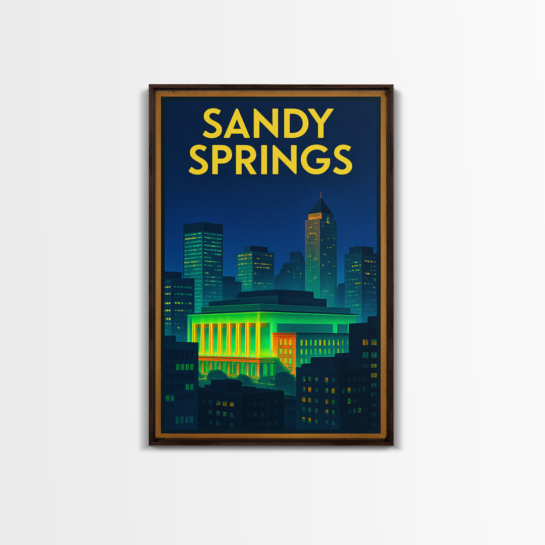 Sandy Springs Travel Poster, Canvas Print, Retro Neon Travel Art, Sandy Springs Travel Art, Travel Poster Set, Watercolor Downtown Skyline