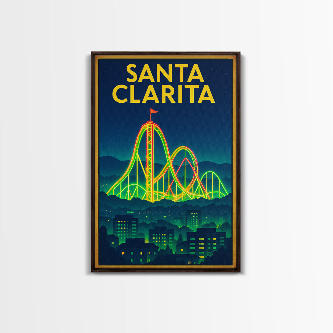 Santa Clarita Travel Poster, Framed Canvas Print, Retro Neon Travel Art, Santa Clarita Wall Art, Vintage City Poster, Retro Travel Print