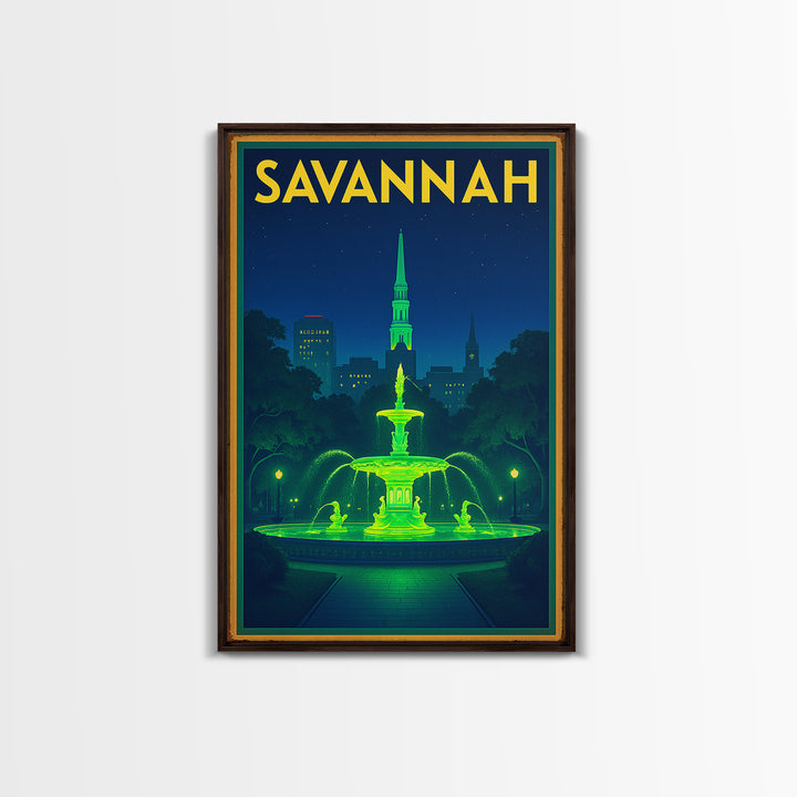 Savannah Travel Poster, Framed Canvas Print, Neon Skyline Wall Art, Savannah Wall Art, Gift For Travelers, Living Room Wall Art