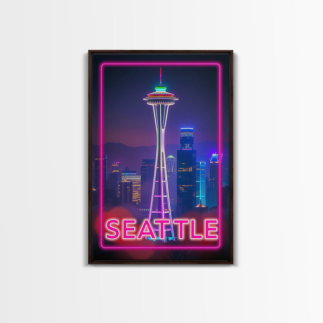 Seattle Washington Travel Poster, Canvas Print, Cyberpunk Style City Art, Seattle City Art, Wanderlust Decor, Travel Art Print, Wall Art