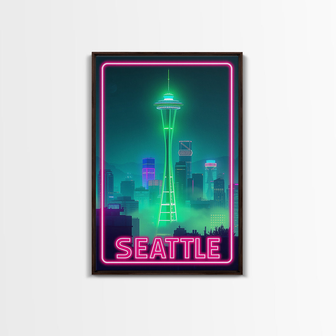 Seattle Travel Poster, Canvas Print, Electric Night Poster Art, Seattle Art Print, Vintage City Poster, Retro Travel Print, City Poster