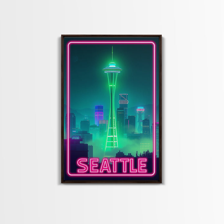 Seattle Travel Poster, Canvas Print, Electric Night Poster Art, Seattle Art Print, Vintage City Poster, Retro Travel Print, City Poster