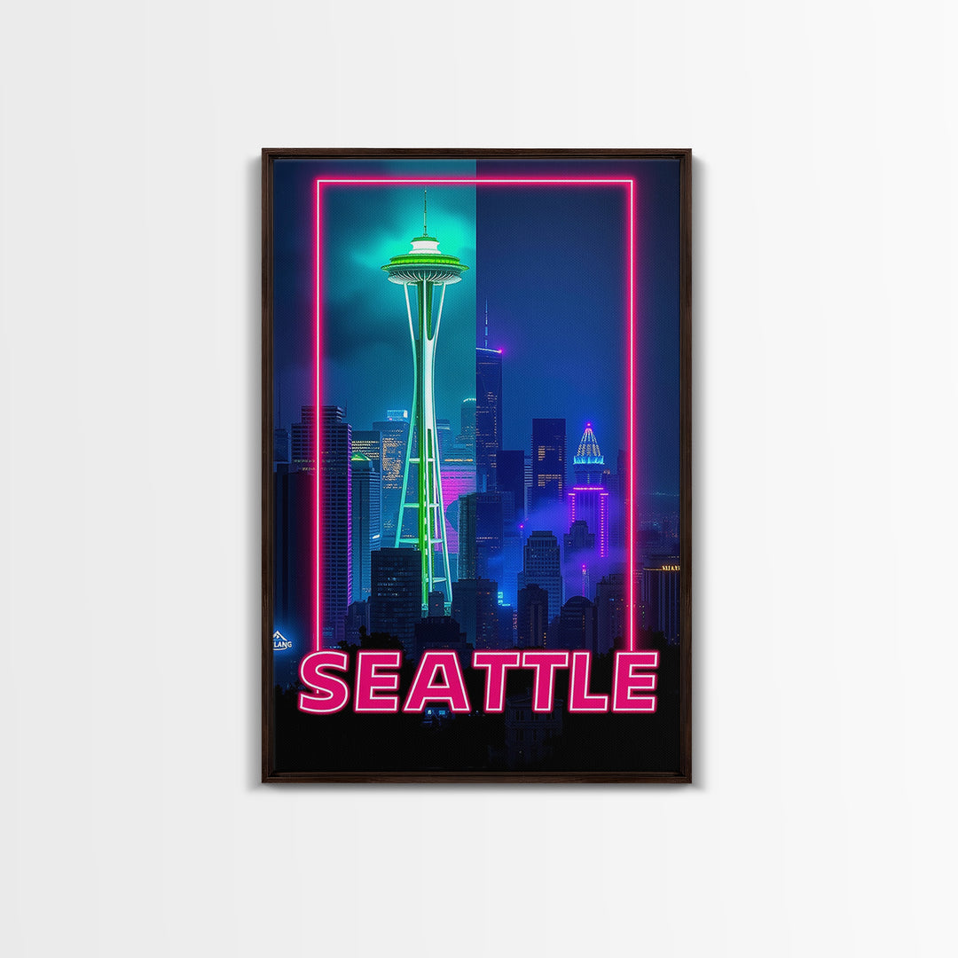 Seattle Travel Poster, Framed Canvas Print, Retro Neon Travel Art, Seattle City Art, Modern Wall Decor, Travel Wall Decor, Fine Art Print