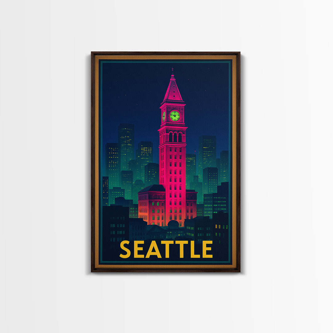 Seattle Travel Poster, Framed Canvas Print, Cyberpunk Style City Art, Seattle Wall Art, Travel Wall Art, Vintage Travel Print, Design 5