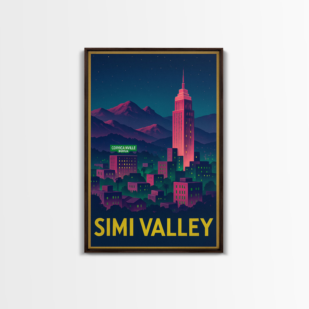 Simi Valley California Travel Poster, Canvas Print, Neon City Skyline Wall Art, Simi Valley Poster Print, Wall Decor, Travel Art Print