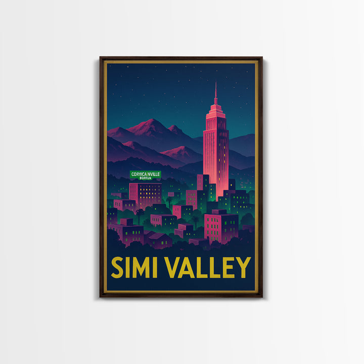 Simi Valley California Travel Poster, Canvas Print, Neon City Skyline Wall Art, Simi Valley Poster Print, Wall Decor, Travel Art Print