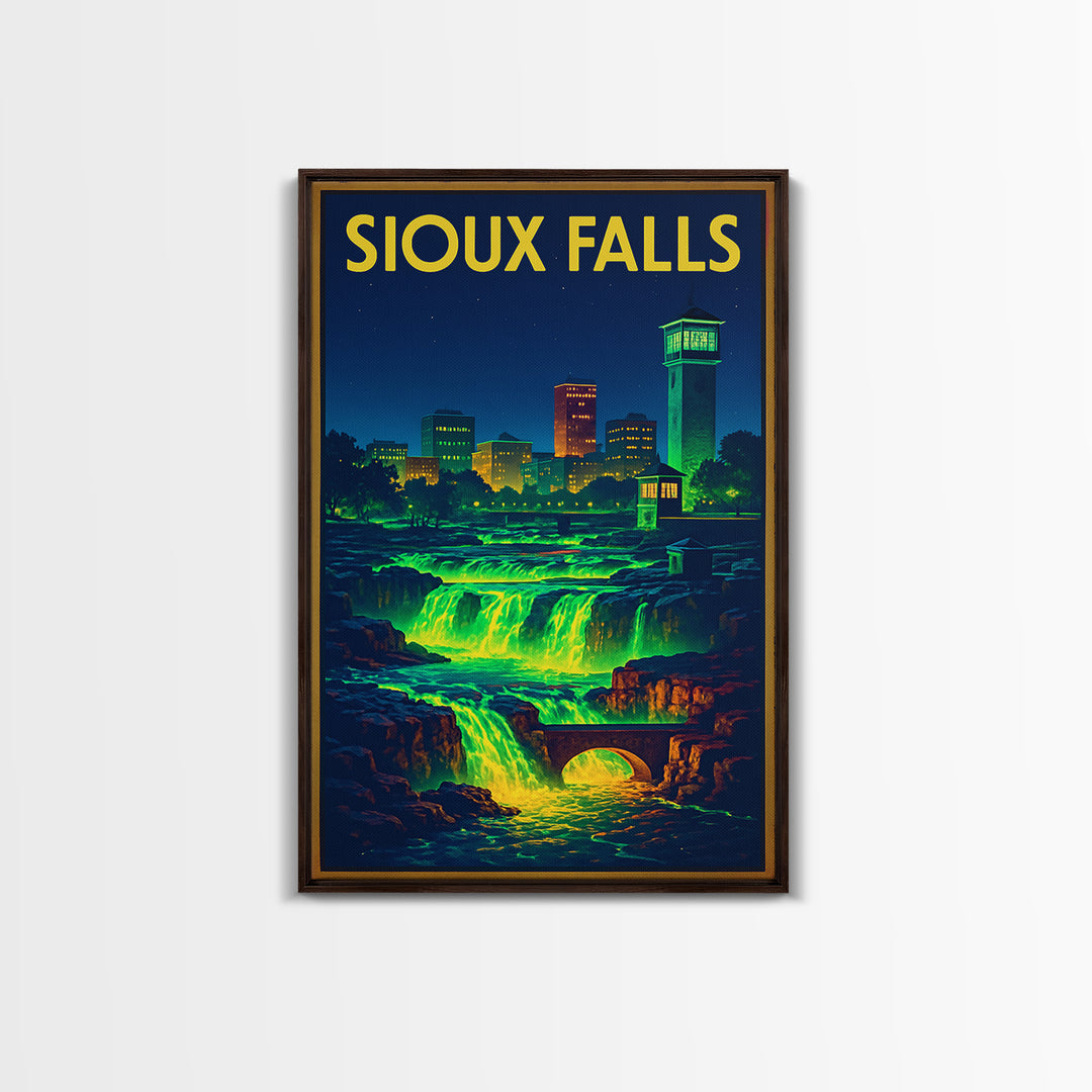 Sioux Falls Travel Poster, Canvas Print, Retro Neon Travel Art, Sioux Falls Poster Print, Living Room Wall Art, City Illustration