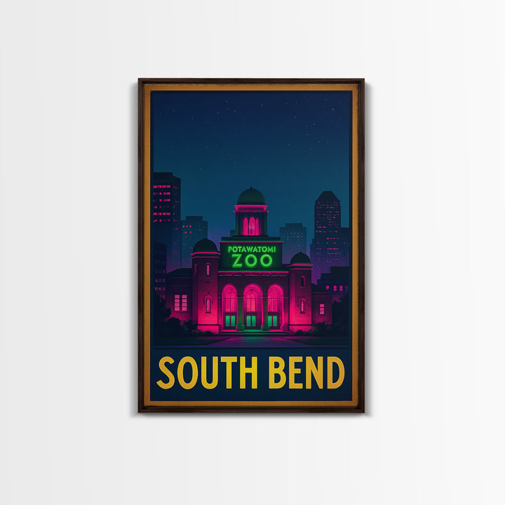 South Bend Indiana Travel Poster, Canvas Print, Neon Skyline Wall Art, South Bend City Art, Vintage Travel Print, Retro Travel Print
