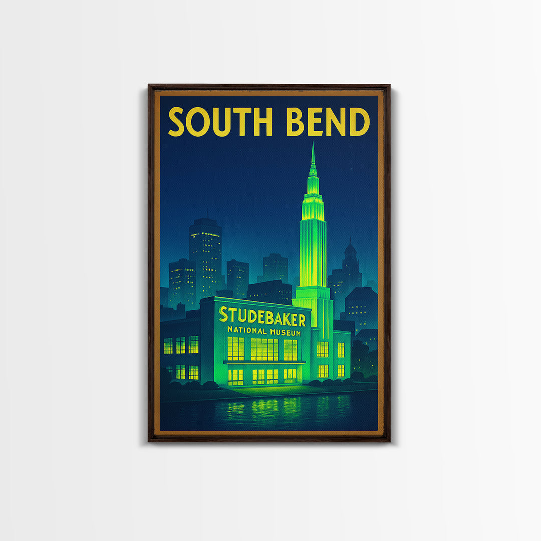 South Bend Travel Poster, Framed Canvas Print, Neon City Skyline Wall Art, South Bend Wall Art, Wanderlust Decor, Living Room Wall Art