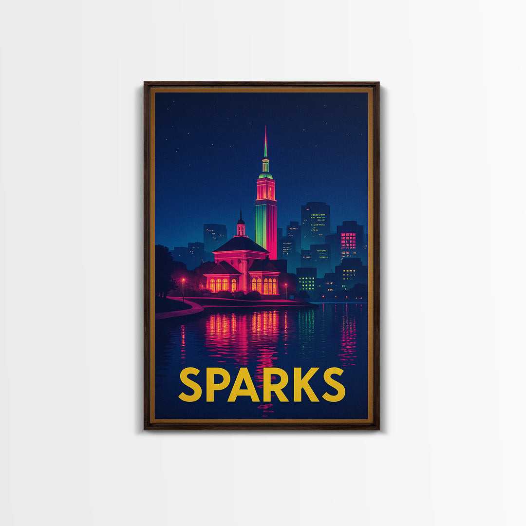 Sparks Nevada Travel Poster, Framed Canvas Print, Cyberpunk Style City Art, Sparks Poster Print, Travel Art Print, Mid Century Wall Art