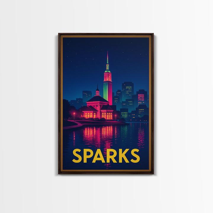 Sparks Nevada Travel Poster, Framed Canvas Print, Cyberpunk Style City Art, Sparks Poster Print, Travel Art Print, Mid Century Wall Art