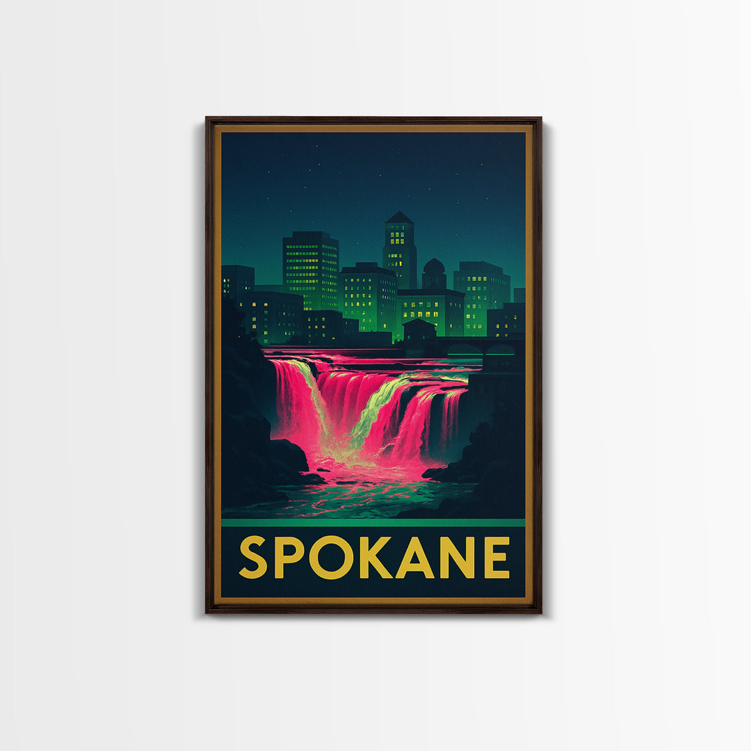 Spokane Washington Travel Poster, Canvas Print, Cyberpunk Style City Art, Spokane Poster Print, Mid Century Wall Art, Living Room Wall Art