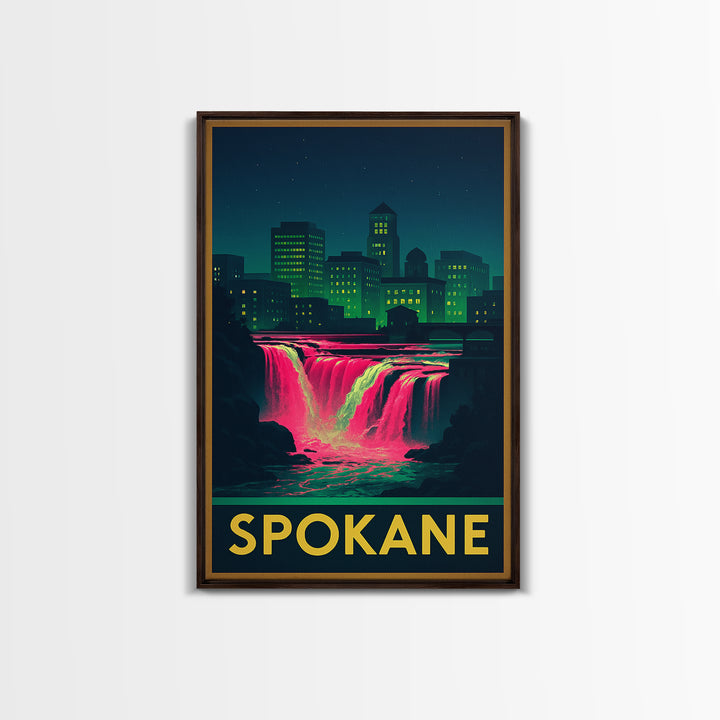 Spokane Washington Travel Poster, Canvas Print, Cyberpunk Style City Art, Spokane Poster Print, Mid Century Wall Art, Living Room Wall Art