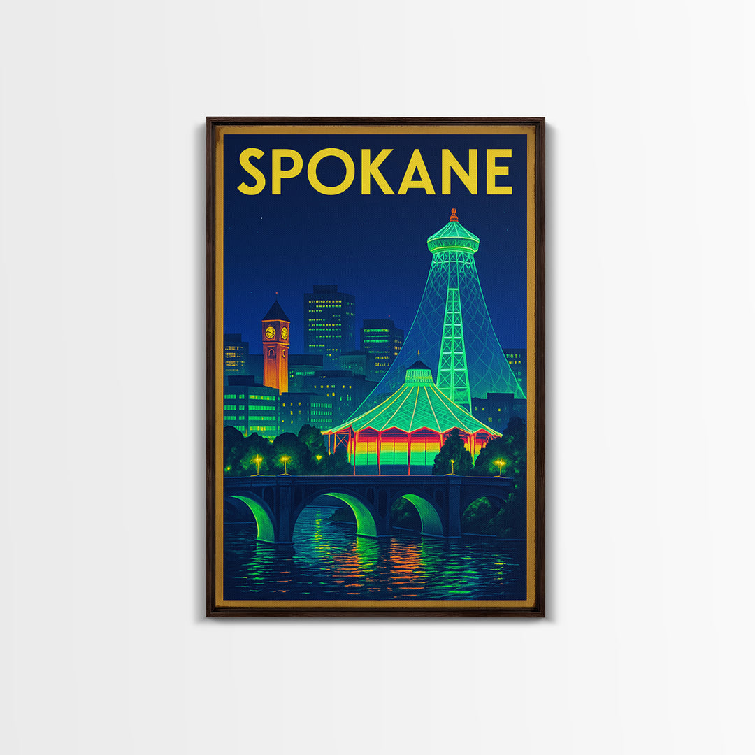 Spokane Travel Poster, Framed Canvas Print, Neon Skyline Wall Art, Spokane Travel Art, Travel Poster Set, Eclectic Wall Decor