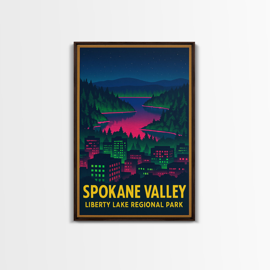 Spokane Valley Washington Travel Poster, Canvas Print, Electric Night Poster Art, Spokane Valley City Art, Travel Art Print
