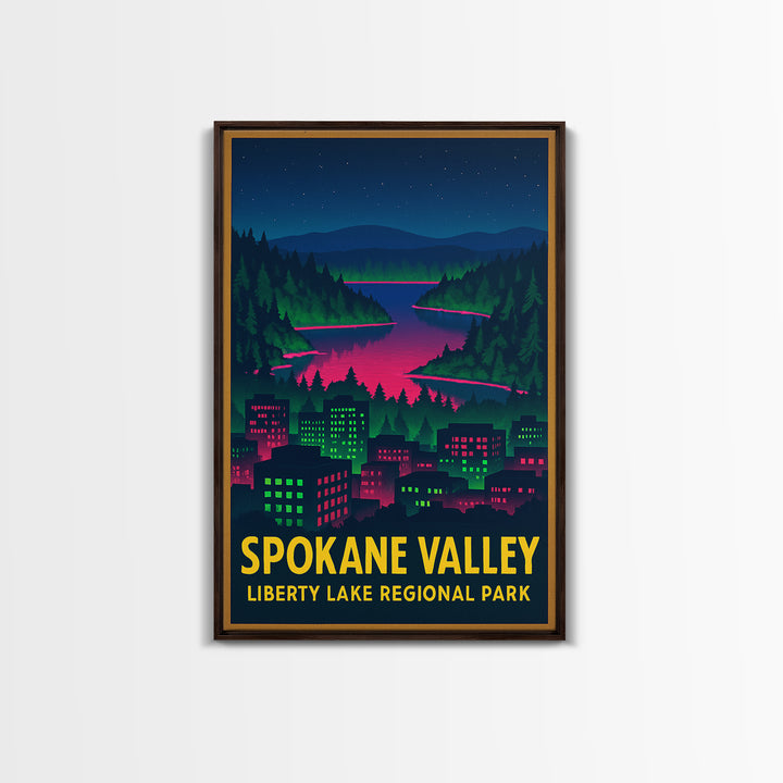 Spokane Valley Washington Travel Poster, Canvas Print, Electric Night Poster Art, Spokane Valley City Art, Travel Art Print
