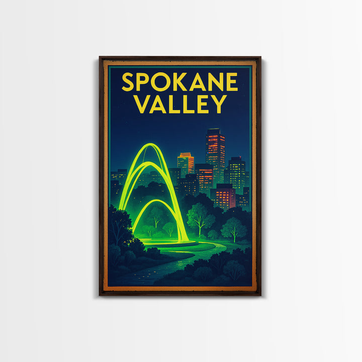 Spokane Valley Travel Poster, Framed Canvas Print, Cyberpunk Style City Art, Spokane Valley Wall Art, Vintage Travel Print, Retro Poster