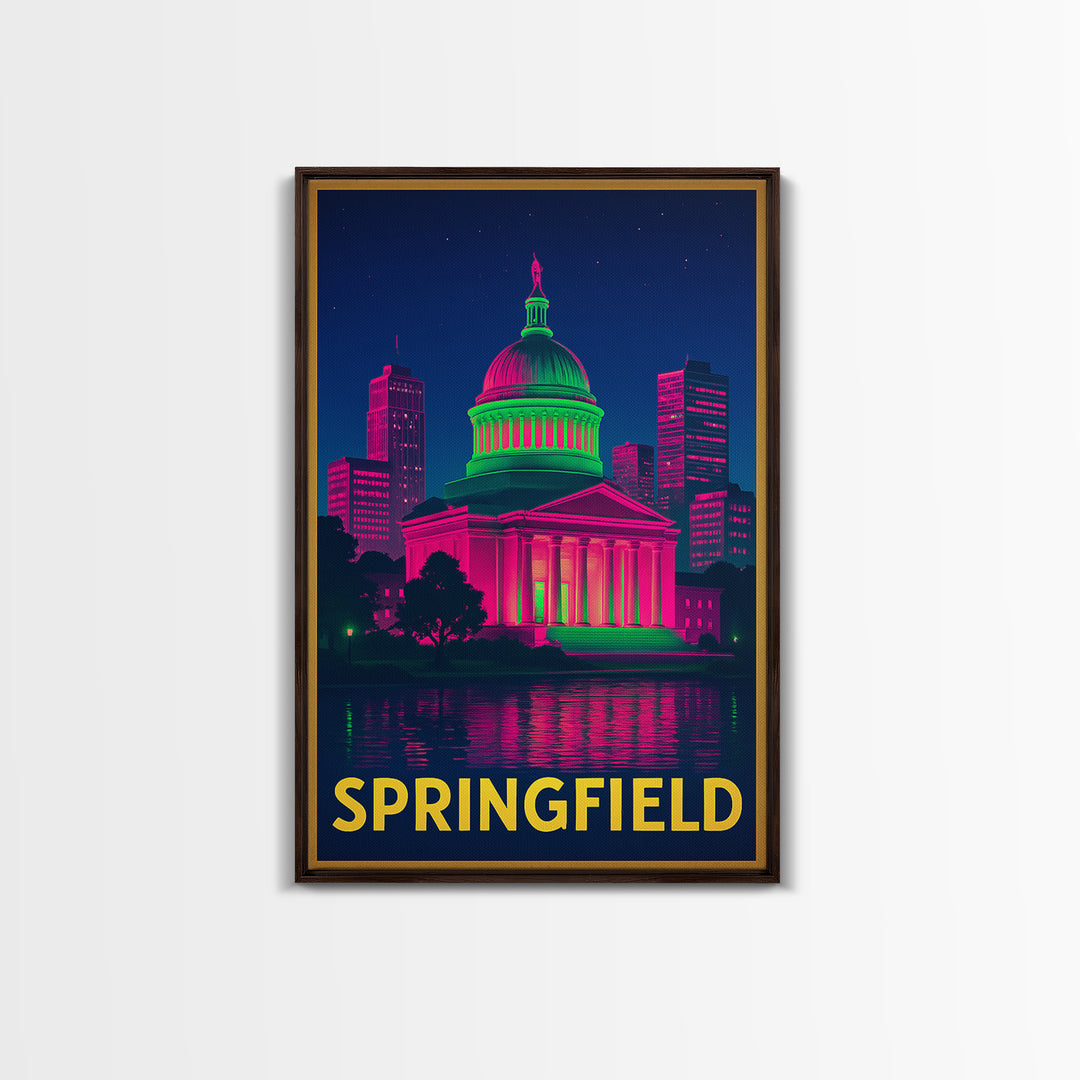 Springfield Travel Poster, Framed Canvas Print, Cyberpunk Style City Art, Springfield Travel Art, Fine Art Print, Mid Century Wall Art