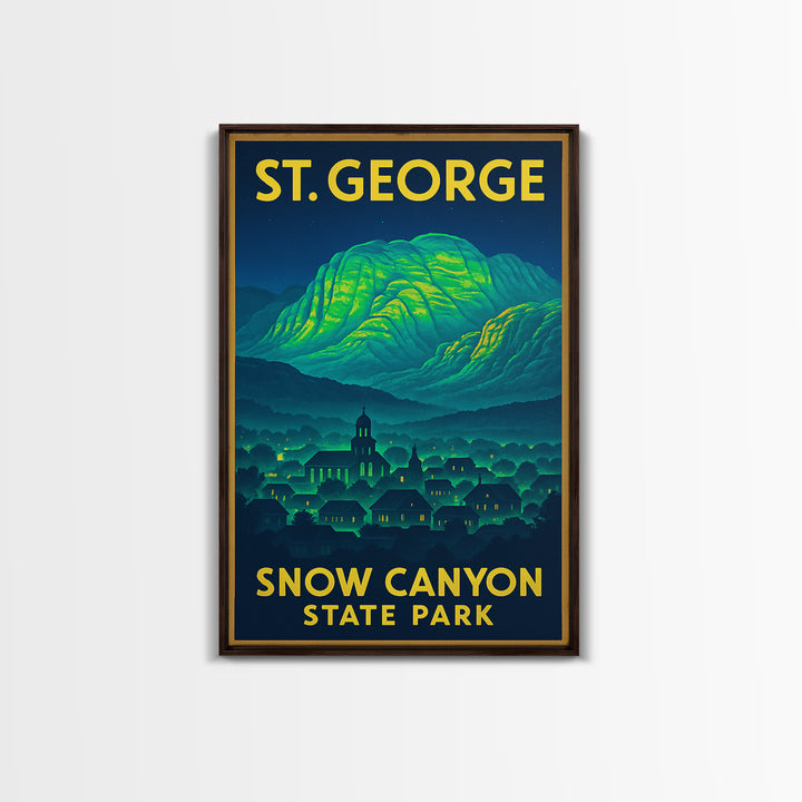 St George Travel Poster, Framed Canvas Print, Cyberpunk Style City Art, St George Art Print, Mid Century Wall Art, Gift For Travelers