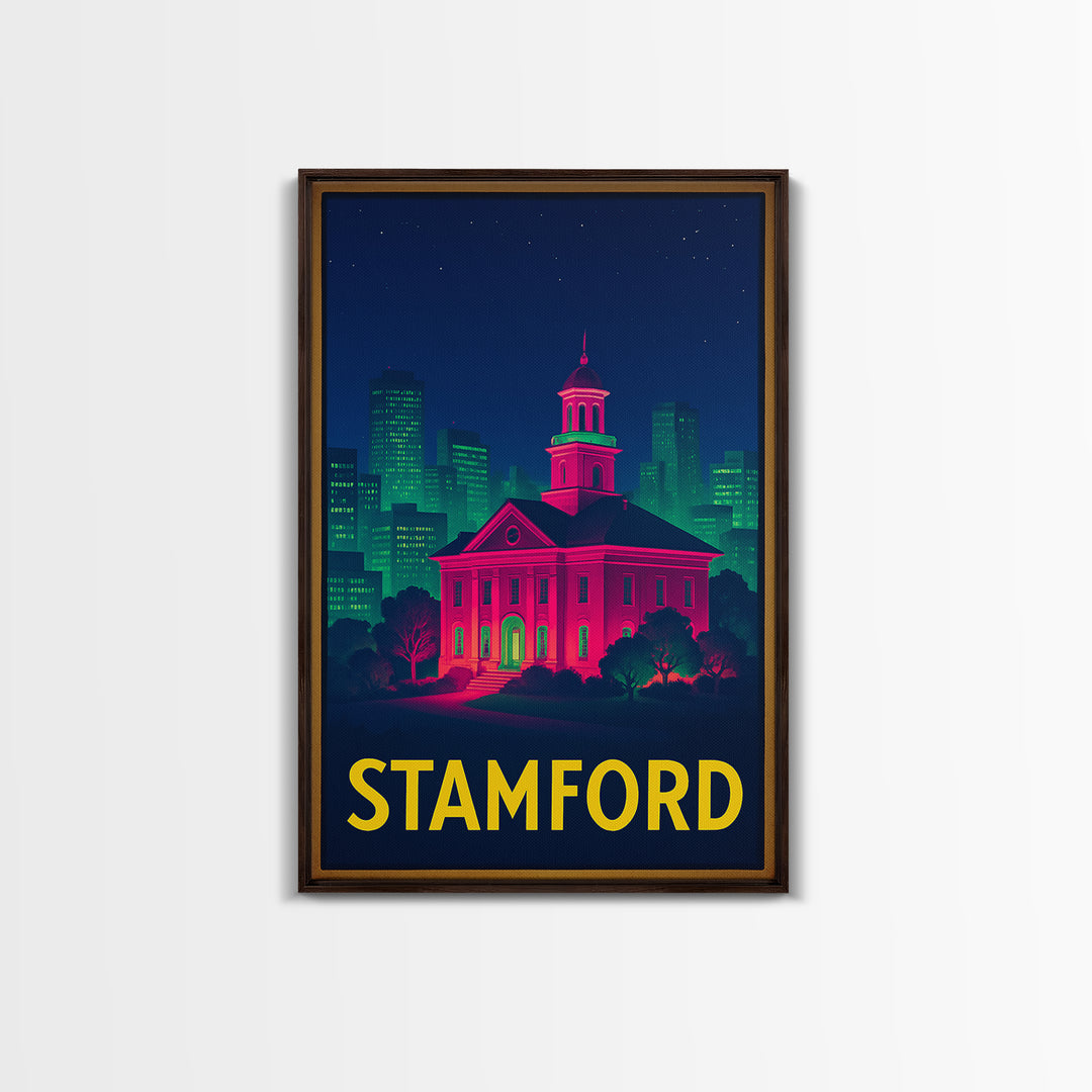 Stamford Connecticut Travel Poster, Canvas Print, Neon City Skyline Wall Art, Stamford Print, Travel Wall Art, Travel Print, Retro Poster