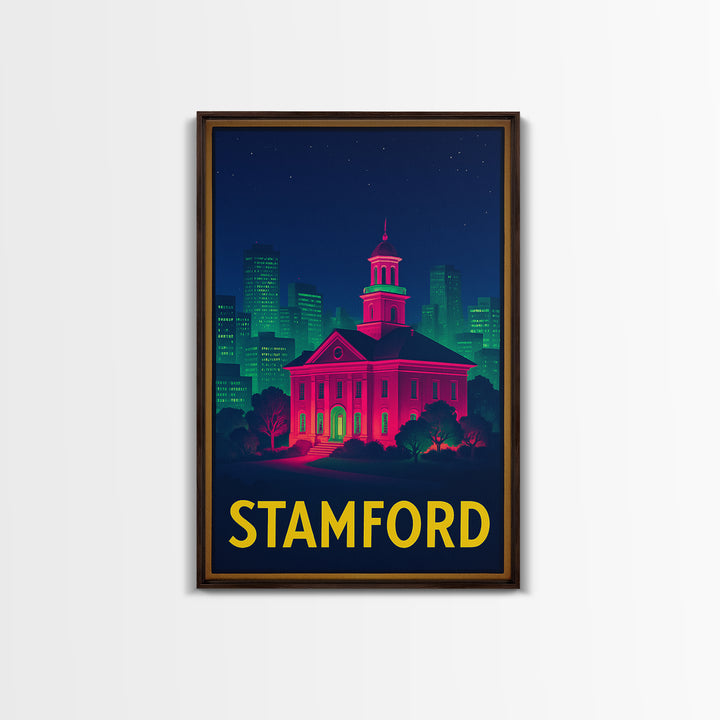 Stamford Connecticut Travel Poster, Canvas Print, Neon City Skyline Wall Art, Stamford Print, Travel Wall Art, Travel Print, Retro Poster