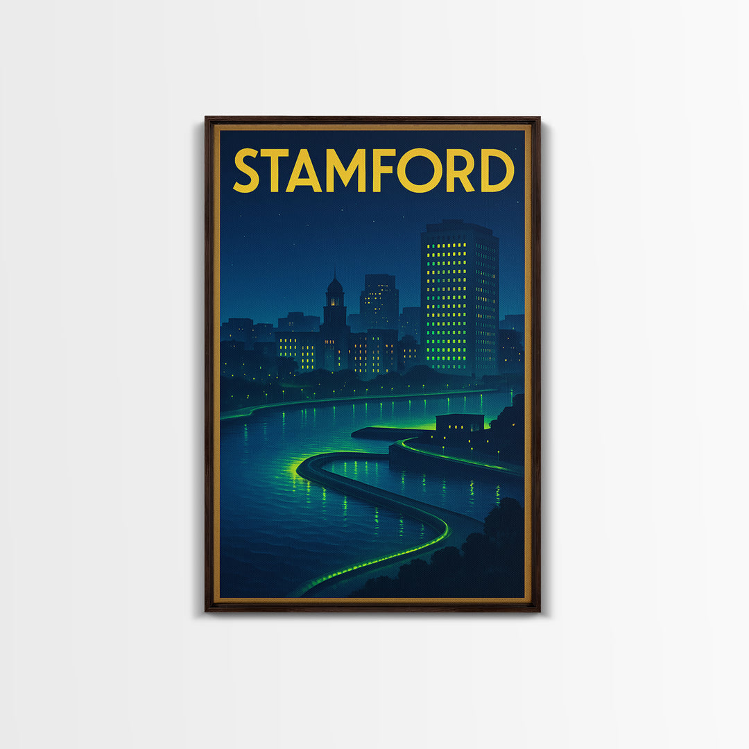 Stamford Travel Poster, Framed Canvas Print, Electric Night Poster Art, Stamford Travel Art, Travel Wall Decor, Travel Wall Art