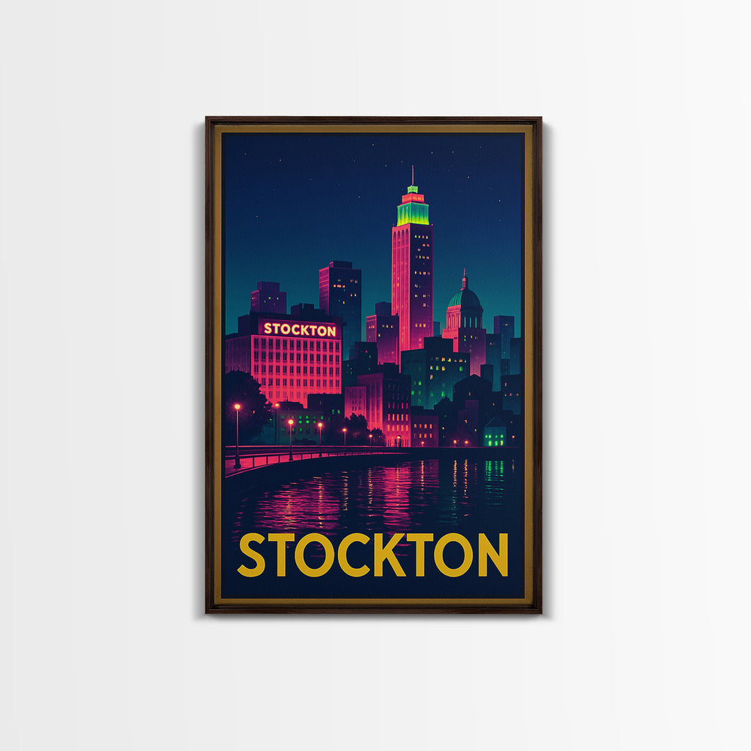 Stockton California Travel Poster, Canvas Print, Neon Skyline Art Wall Art, Stockton Art Print, Vintage City Art, Poster Art