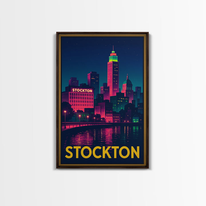 Stockton California Travel Poster, Canvas Print, Neon Skyline Art Wall Art, Stockton Art Print, Vintage City Art, Poster Art