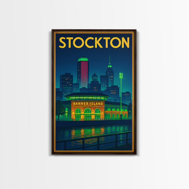 Stockton Travel Poster, Framed Canvas Print, Neon City Skyline Wall Art, Stockton Poster Print, Vintage City Art, Vintage Travel Art