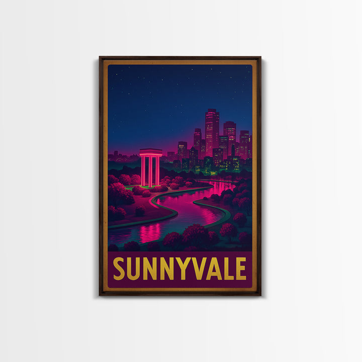 Sunnyvale California Travel Poster, Canvas Print, Neon Downtown Skyline Wall Art, Sunnyvale Art Print, Home Office Decor, Retro Travel Print