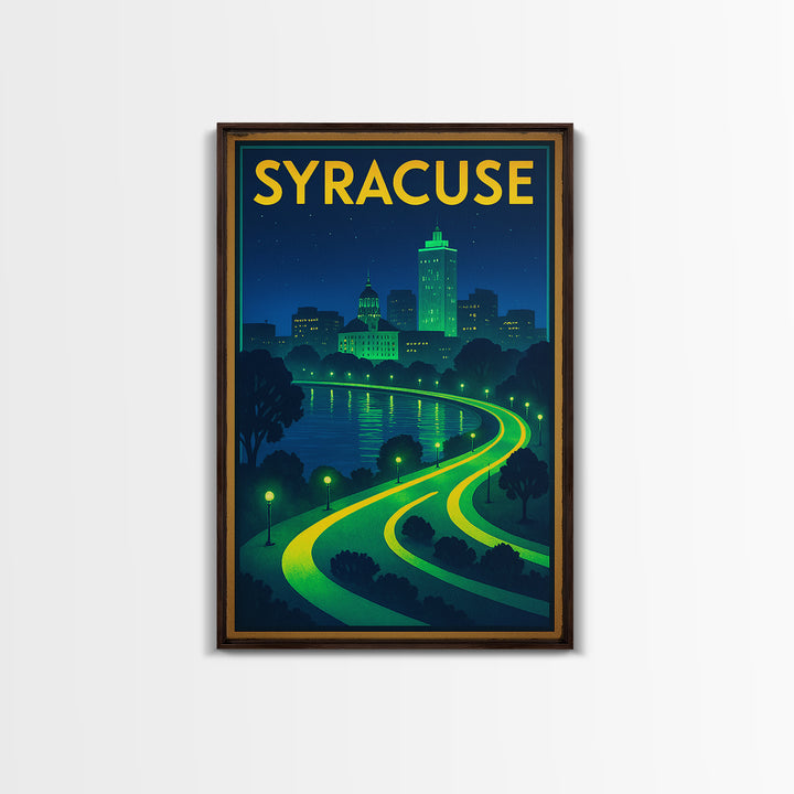 Syracuse Travel Poster, Framed Canvas Print, Neon City Skyline Wall Art, Syracuse Travel Art, Travel Art Print, Vintage Travel Print