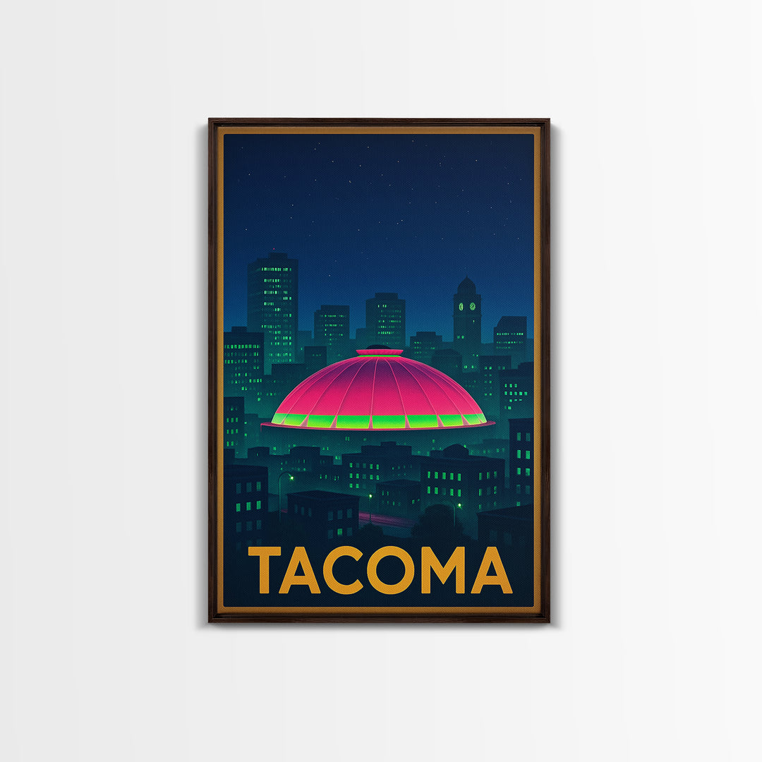Tacoma Washington Travel Poster, Framed Canvas Print, Cyberpunk Style City Art, Tacoma Travel Art, Vintage City Poster, Mid Century Wall Art