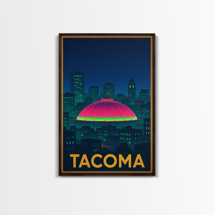 Tacoma Washington Travel Poster, Framed Canvas Print, Cyberpunk Style City Art, Tacoma Travel Art, Vintage City Poster, Mid Century Wall Art