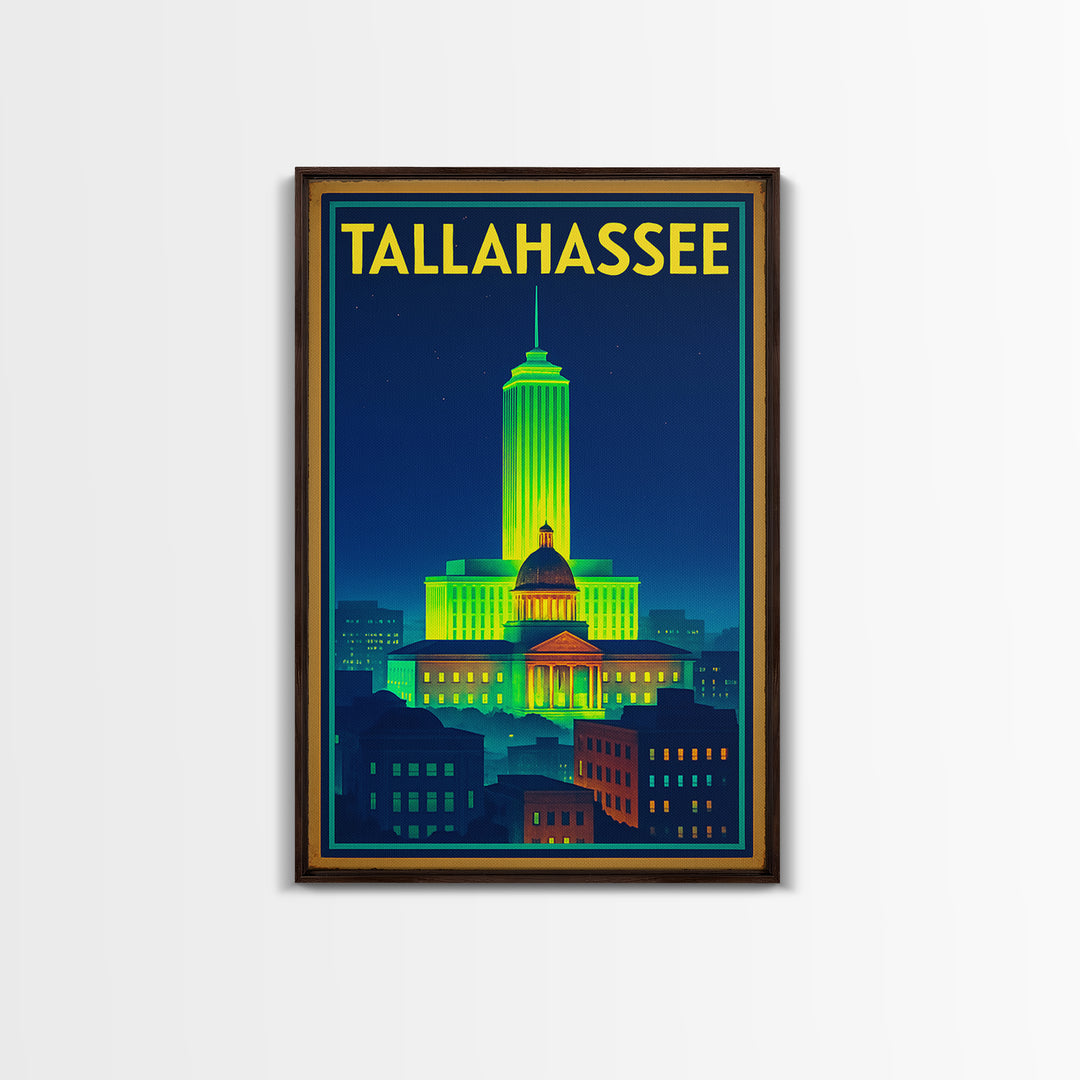 Talahassee Travel Poster, Framed Canvas Print, Neon Downtown Skyline Wall Art, Talahassee Art Print, Gift For Travelers, Vintage City Poster