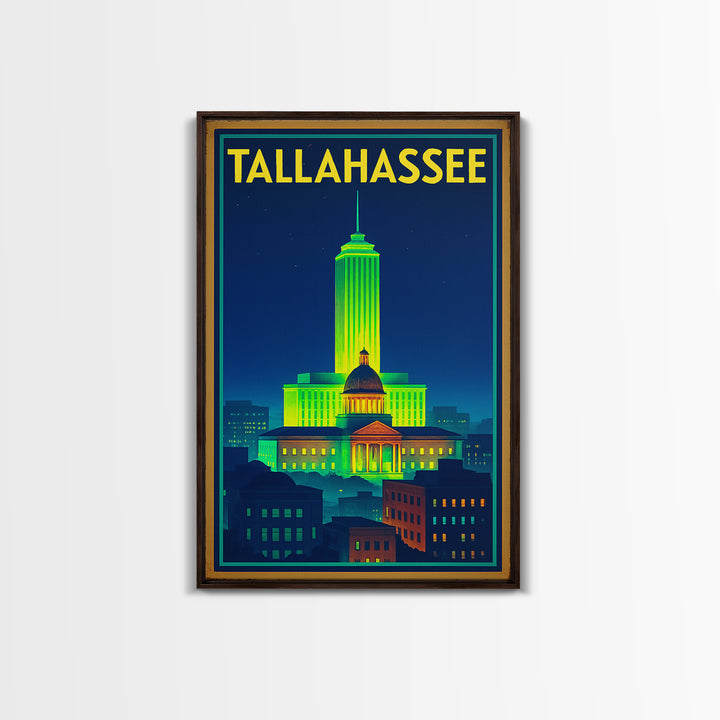 Talahassee Travel Poster, Framed Canvas Print, Neon Downtown Skyline Wall Art, Talahassee Art Print, Gift For Travelers, Vintage City Poster
