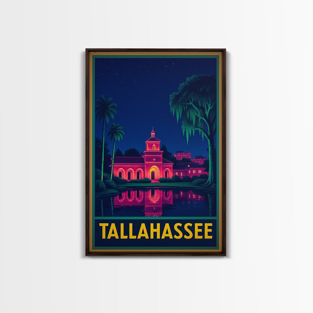 Tallahasse Travel Poster, Canvas Print, Retro Neon Travel Art, Tallahasse City Art, Fine Art Print, Watercolor Skyline, Travel Poster Art