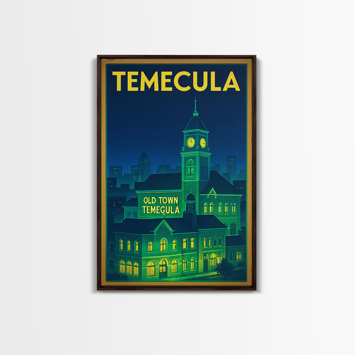 Temecula Travel Poster, Framed Canvas Print, Electric Night Poster Art, Temecula City Art, Vintage City Poster, Vintage Travel Art