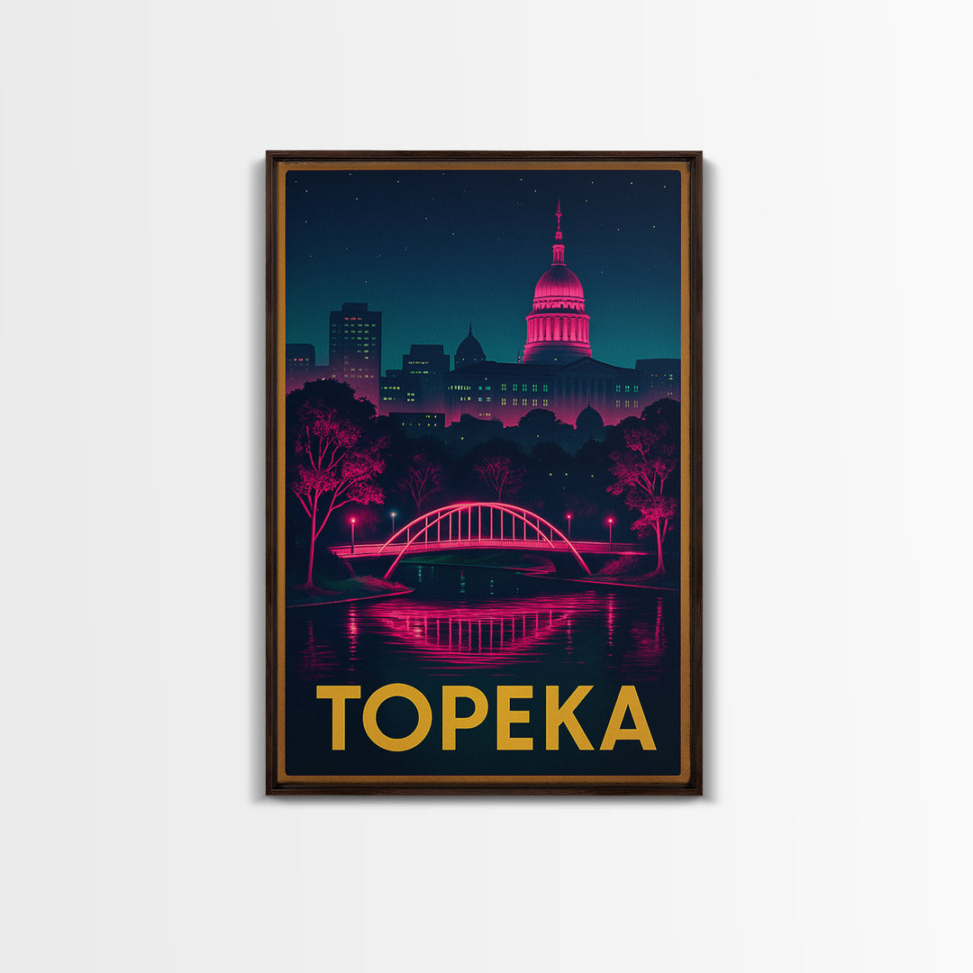 Topeka Kansas Travel Poster, Canvas Print, Retro Neon Travel Art, Topeka City Art, Travel Poster Art, Travel Wall Art, Living Room Wall Art