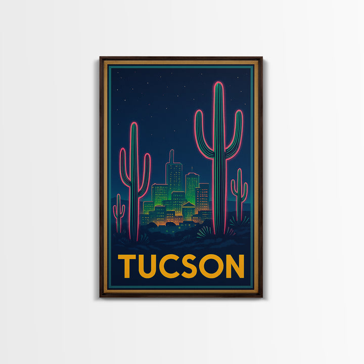 Tucson Arizona Travel Poster, Canvas Print, Retro Neon Travel Art, Tucson City Art, Travel Poster Set, Watercolor Skyline Art, Art Print