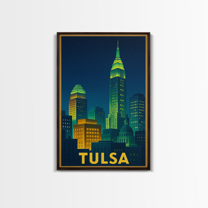 Tulsa Oklahoma Travel Poster, Canvas Print, Electric Night Poster Art, Tulsa Wall Art, City Travel Prints, Watercolor Cityscape, Poster Art