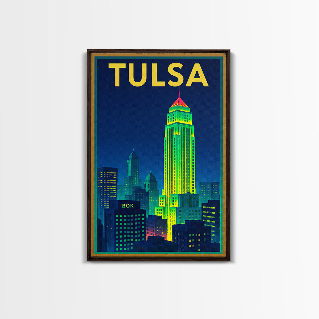 Tulsa Travel Poster, Canvas Print, Retro Neon Travel Art, Tulsa City Art, Vintage City Poster, Living Room Wall Art, Travel Wall Art