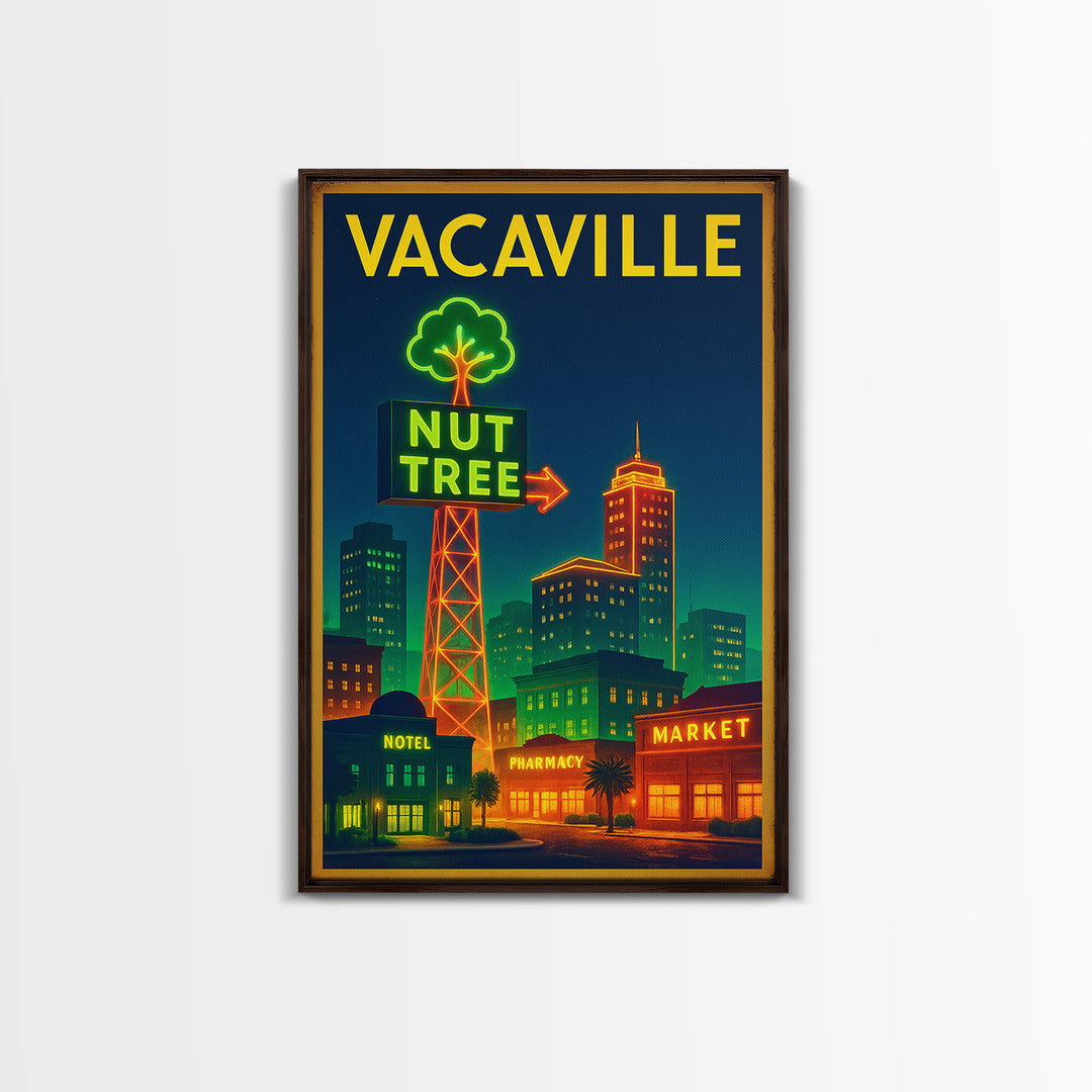 Vacaville Travel Poster, Framed Canvas Print, Electric Night Poster Art, Vacaville Travel Art, Travel Wall Art, Watercolor Skyline Art