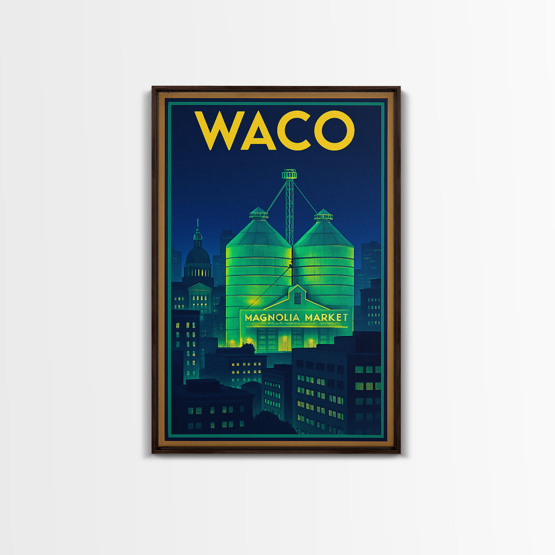 Waco Travel Poster, Framed Canvas Print, Electric Night Poster Art, Waco Travel Art, Watercolor Cityscape, Travel Wall Art, Poster Print