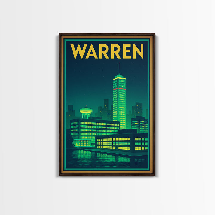 Warren Travel Poster, Canvas Print, Neon Urban Skyline Wall Art, Warren Wall Art, Wall Decor, Mid Century Wall Art, Wanderlust Decor