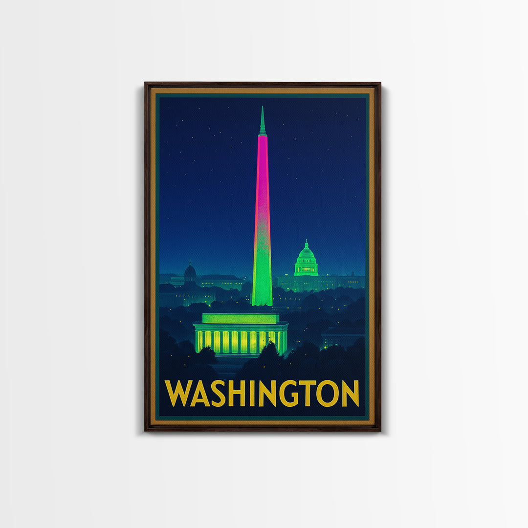 Washington Travel Poster, Framed Canvas Print, Electric Night Poster Art, Washington Travel Art, Vintage Travel Print, Gift For Travelers