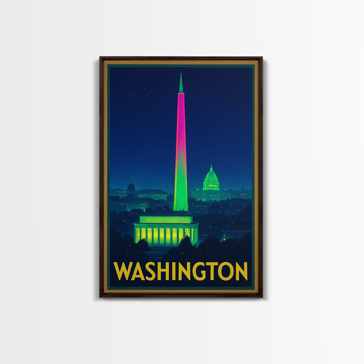 Washington Travel Poster, Framed Canvas Print, Electric Night Poster Art, Washington Travel Art, Vintage Travel Print, Gift For Travelers