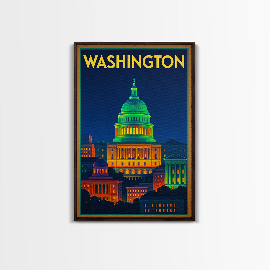 Washington Travel Poster, Canvas Print, Neon Skyline Wall Art, Washington Travel Art, Modern Wall Decor, City Travel Prints, Wall Art