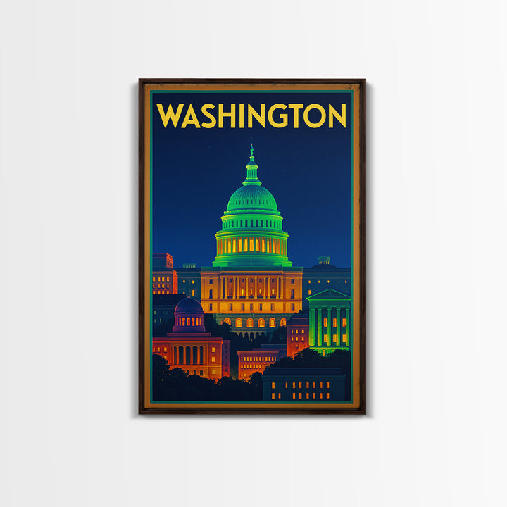 Washington Travel Poster, Canvas Print, Neon Skyline Wall Art, Washington Travel Art, Modern Wall Decor, City Travel Prints, Wall Art