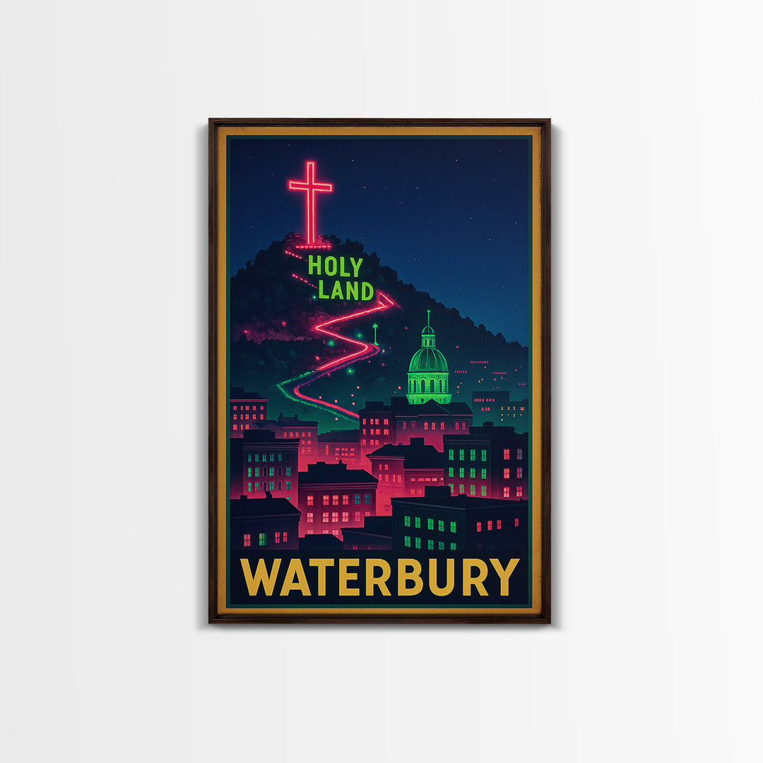 Waterbury Travel Poster, Framed Canvas Print, Neon Skyline Wall Art, Waterbury Art Print, Fine Art Print, Vintage Travel Art